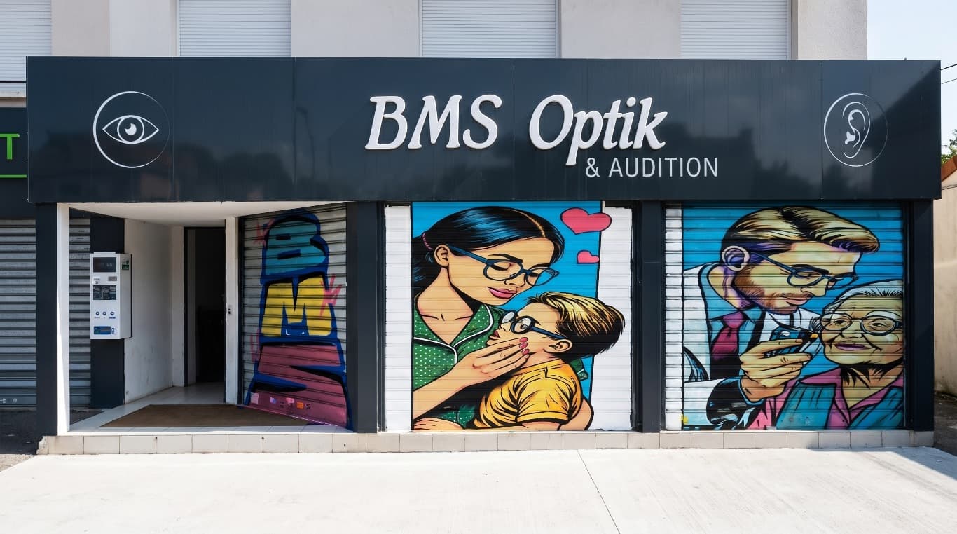 Fresque murale - Devanture peinte, opticien BMS Optik, Le Blanc-Mesnil (93)